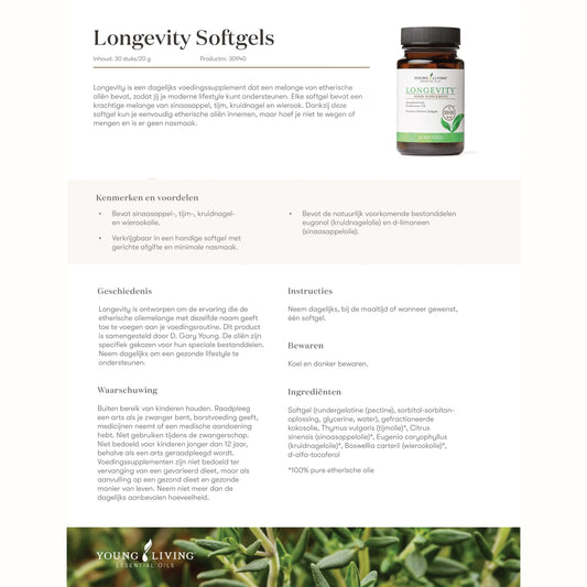 Informatieve productfiche van Young Living Longevity Softgels – supplement met etherische oliën voor 65+ en ondersteuning bij gezond ouder worden.