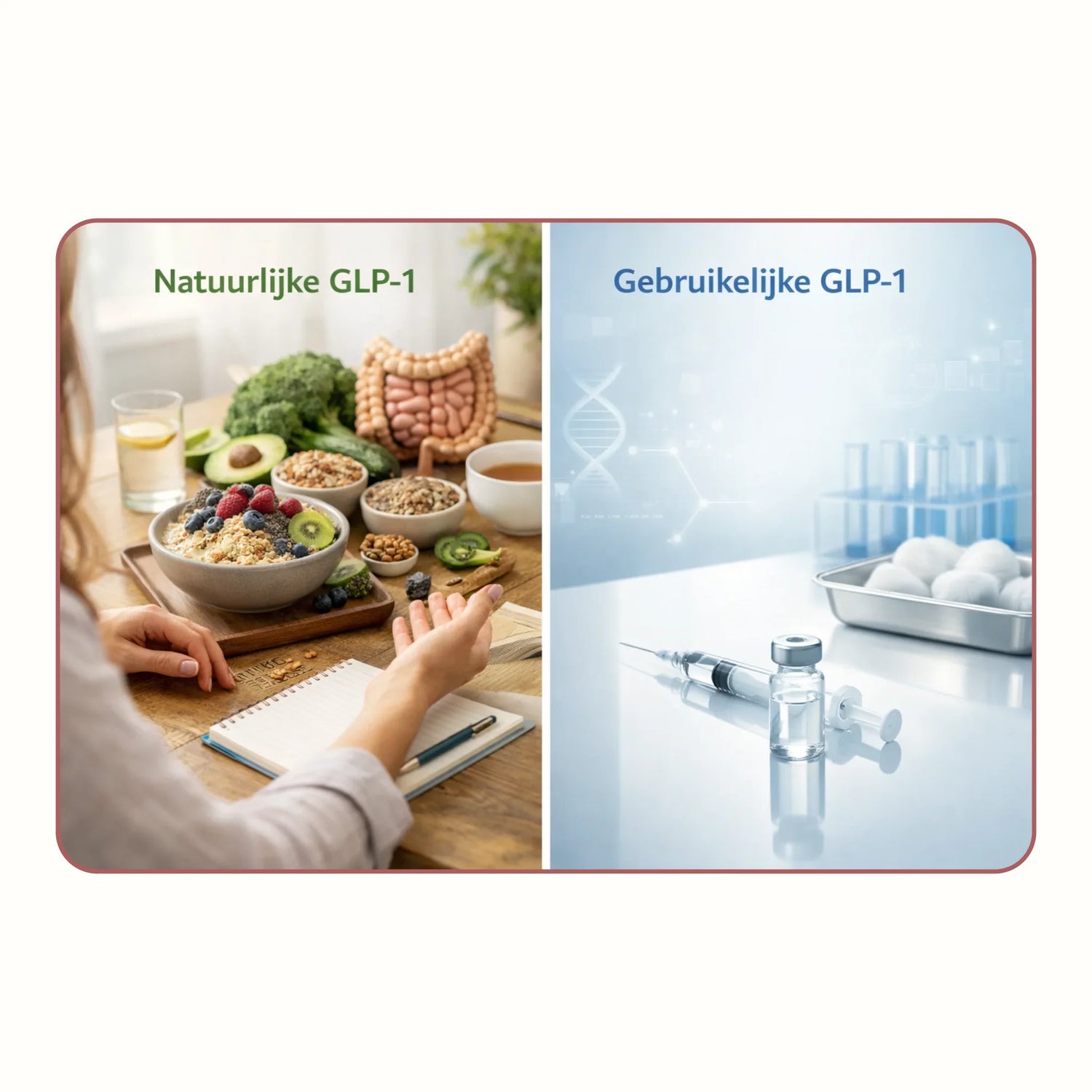 Vergelijking tussen natuurlijke GLP-1 ondersteuning met vezelrijke voeding en leefstijl links, en medische GLP-1 behandeling met injectie en klinische setting rechts