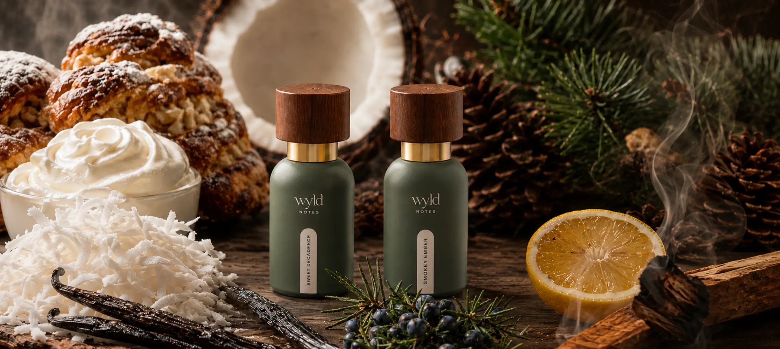 Sweet Decadence en Smokey ember  flacons met vanillestokjes, romige vanilletint, pistache, kokos, zachte roos, gouden lepeltje en warme vrouwelijke luxe. Niet kinderlijk zoet; wel sensueel, zacht en volwassen.