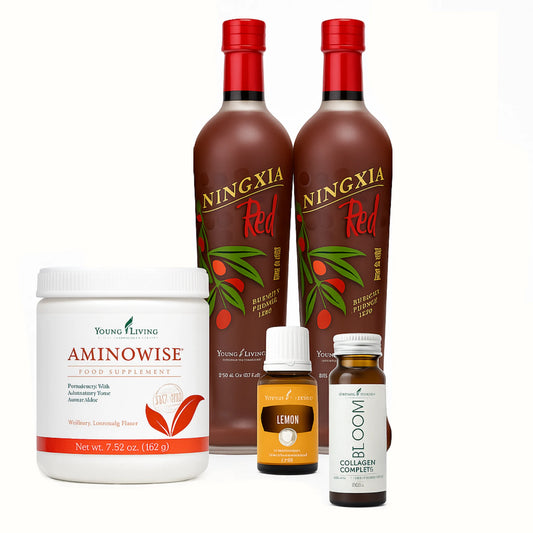 NingXia Recovery Bundel van Young Living met 2-pack NingXia Red, AminoWise, Bloom Collagen en gratis Lemon olie – natuurlijke ondersteuning voor dagelijks herstel, energie, focus en huidverzorging, speciaal voor vrouwen en gezinnen zonder synthetische toevoegingen.