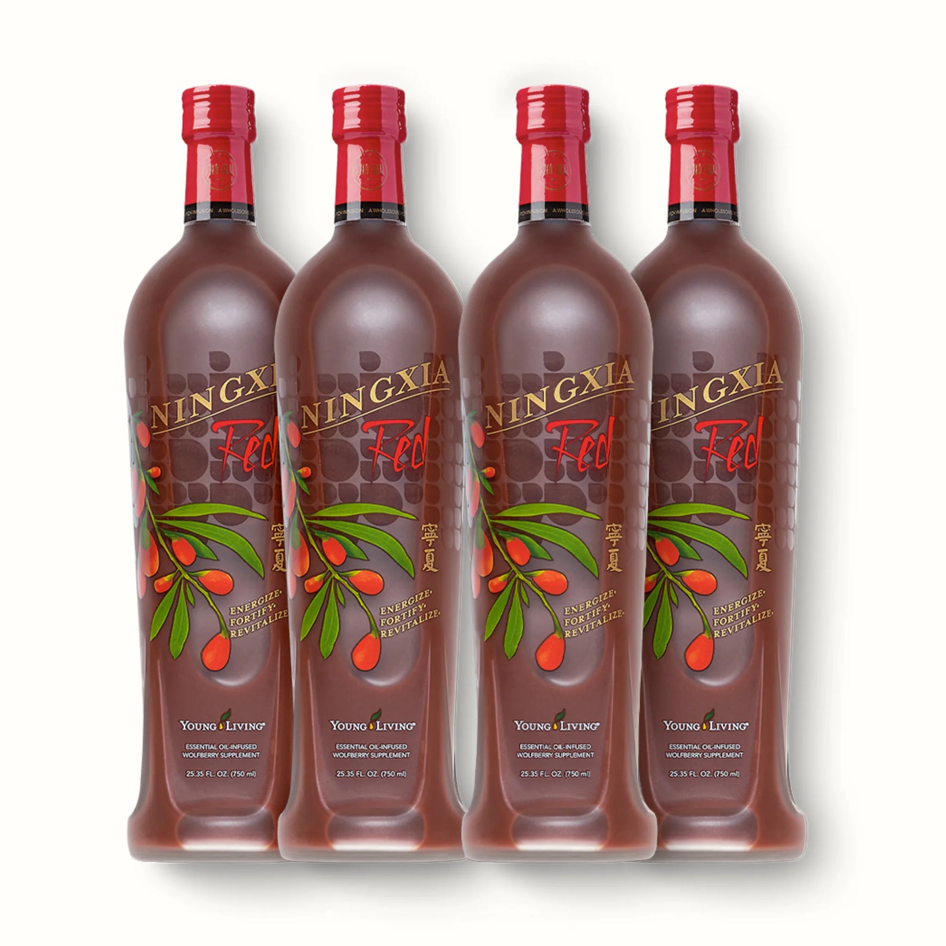 NingXia Red 4-pack van Young Living – natuurlijke drank met gojibessen, bessen en citrus ter ondersteuning van darmgezondheid, stoelgang en herstel bij colitis of spijsverteringsproblemen.