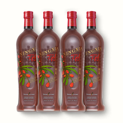 NingXia Red 4-pack van Young Living – natuurlijke drank met gojibessen, bessen en citrus ter ondersteuning van darmgezondheid, stoelgang en herstel bij colitis of spijsverteringsproblemen.