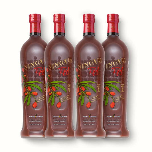 NingXia Red 4-pack van Young Living – natuurlijke drank met gojibessen, bessen en citrus ter ondersteuning van darmgezondheid, stoelgang en herstel bij colitis of spijsverteringsproblemen.