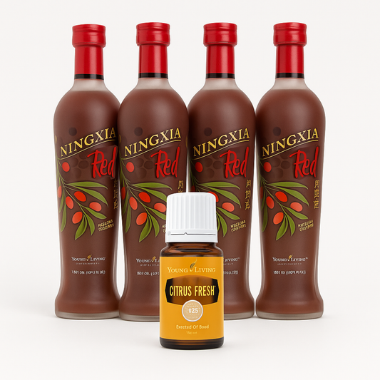 NingXia Red 4-pack met gratis Citrus Fresh olie – natuurlijke energieboost en immuunondersteuning bundel met 15% korting bij Suzanne Shares