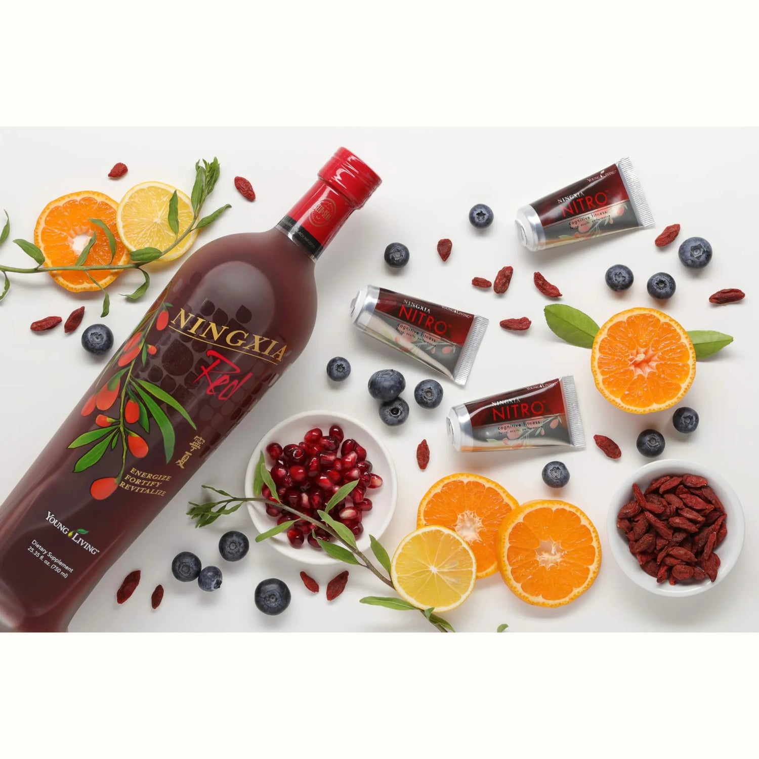 NingXia Red fles met Nitro sticks, citrus en superfoods – verfrissende combinatie van wolfberry, bessen en essentiële oliën voor vitaliteit en focus.
