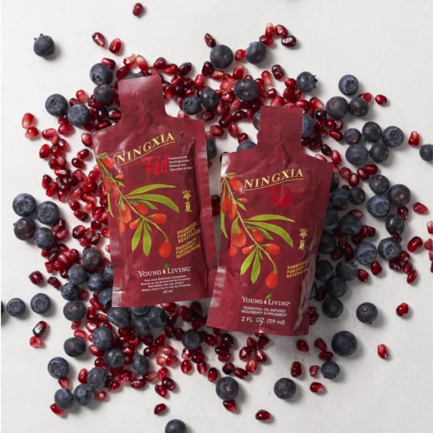 NingXia Red sachets van Young Living – handige superfooddrank voor onderweg, ideaal voor atleten of actieve mensen die snel een natuurlijke energieboost willen dankzij gojibessen, blauwe bessen en granaatappel.