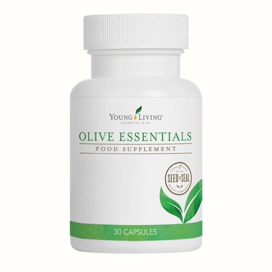 Flesje Olive Essentials supplement van Young Living met 30 capsules – ideaal voor wie op natuurlijke wijze zijn huid wil verjongen en de botten wil versterken met antioxidanten uit olijfbladextract.
