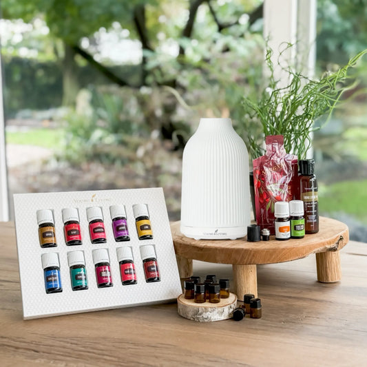 Complete Young Living Starterkit met diffuser, etherische oliën en NingXia Red – dé cadeau-optie voor moederdag, vaderdag of als ondersteuning bij perimenopauze, hoofdpijn en focusproblemen.