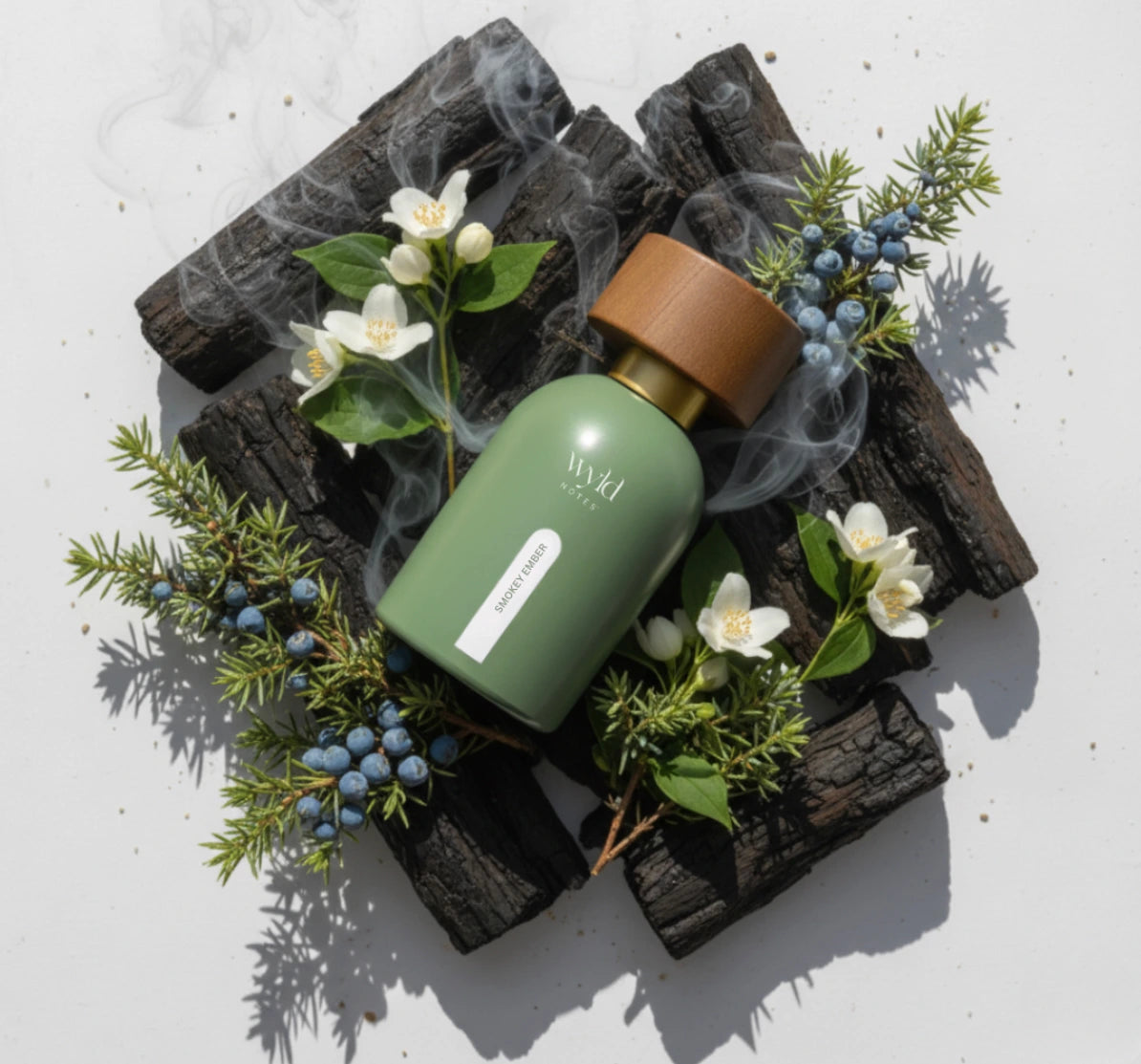 Smokey Ember van Wyld Notes als houtachtige eau de parfum met rokerig hout, groene botanicals en jeneverbes.