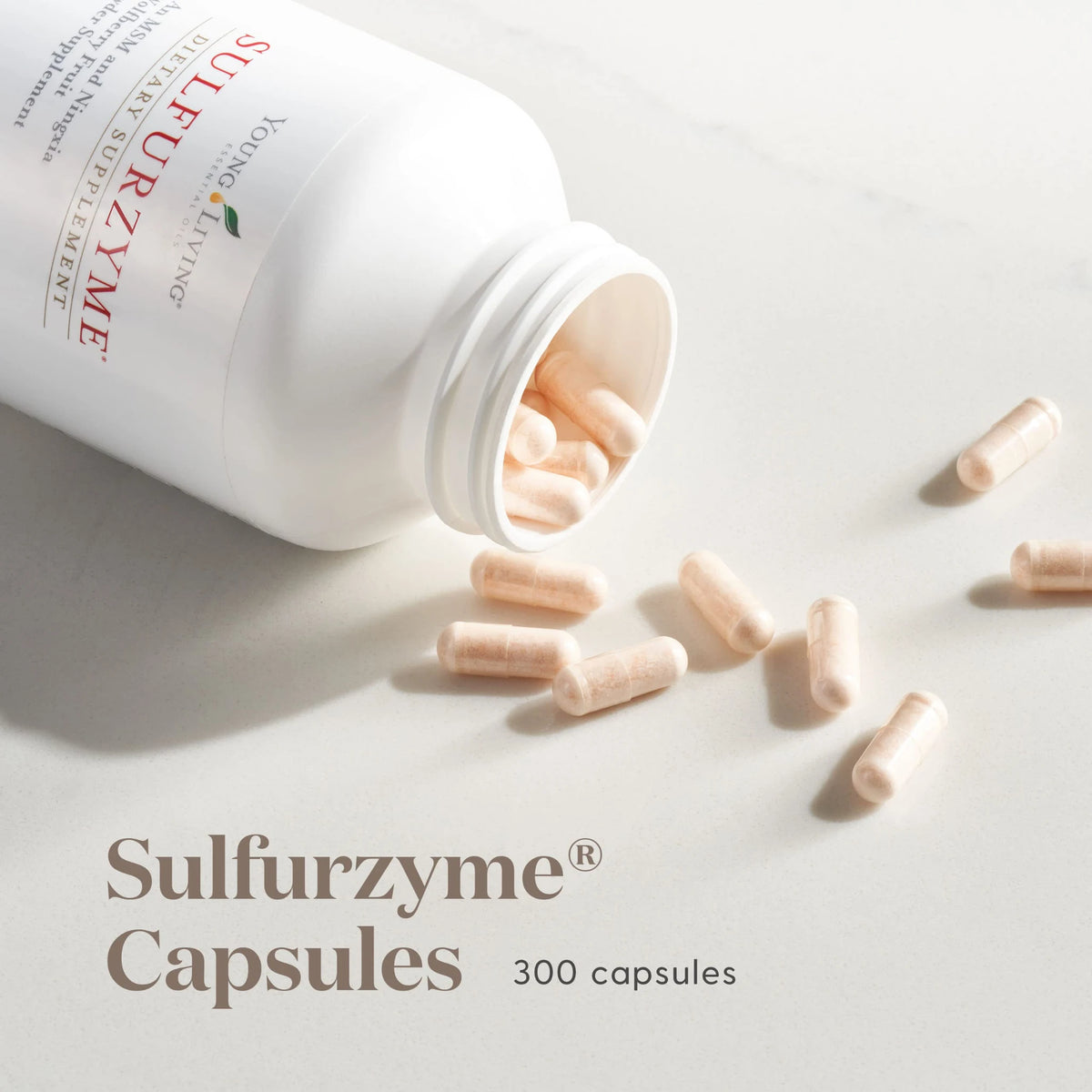 Open fles Sulfurzyme met capsules – ondersteunt het lichaam bij vermoeidheid, pijnlijke gewrichten en gezonde energieproductie.