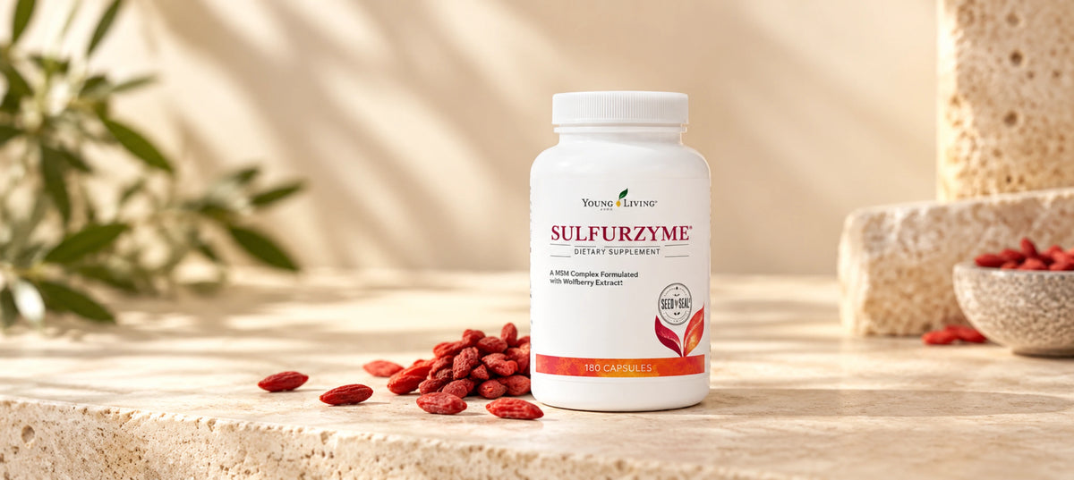 Sulfurzyme supplement van Young Living met rode gojibessen op een lichte stenen ondergrond.