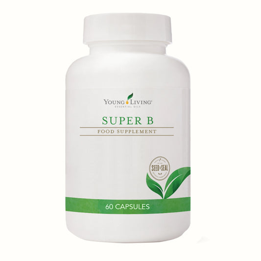 Super B van Young Living – B-complex supplement met natuurlijke folaat en methylcobalamine ter ondersteuning van energieproductie, mitochondriale functie, cognitieve helderheid en schildkliergezondheid.