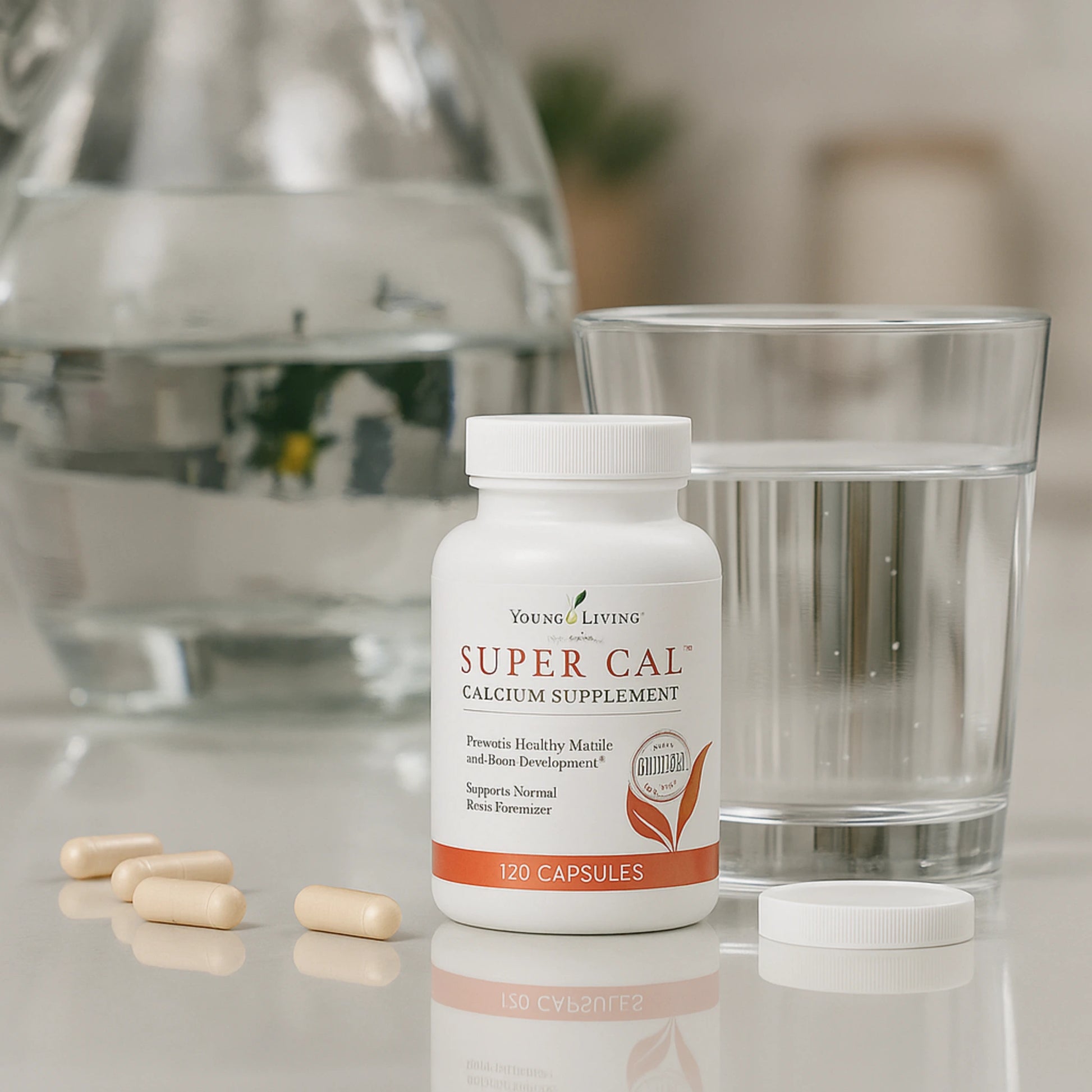 Close-up van Super Cal calcium supplement van Young Living, gefotografeerd met glas water – voor sterke botten, ontspanning van spieren en ondersteuning bij migraine en sportblessures.