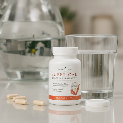 Close-up van Super Cal calcium supplement van Young Living, gefotografeerd met glas water – voor sterke botten, ontspanning van spieren en ondersteuning bij migraine en sportblessures.