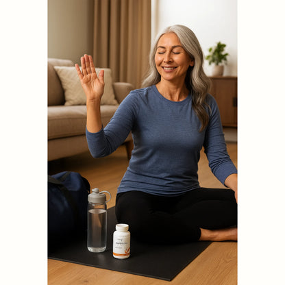 Vrouw doet yoga met Super Cal van Young Living naast zich – een natuurlijk calciumsupplement voor ontspanning van spieren en ondersteuning bij botontkalking of frozen shoulder.