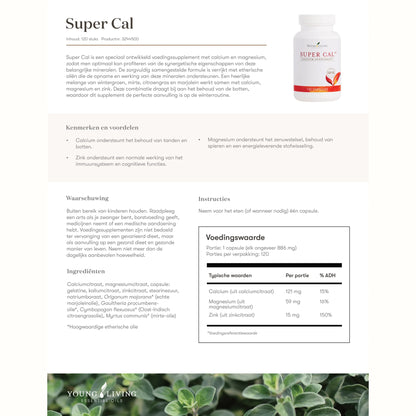 Informatieve afbeelding van Super Cal met ingrediëntenlijst, voedingswaarden en voordelen – ondersteunt sterke botten en het zenuwstelsel.