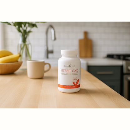 Pot Super Cal van Young Living op een houten aanrecht in een moderne keuken, naast een mok en een schaal met bananen – ondersteunt natuurlijke gezondheid en sterke botten.