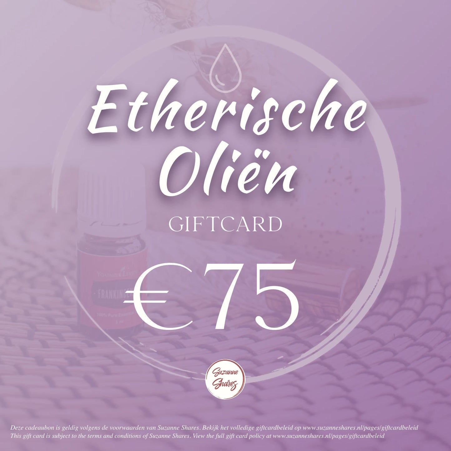 Digitale giftcard van €75 voor etherische oliën – te gebruiken voor Young Living producten, aromatherapie en wellness via Suzanne Shares.