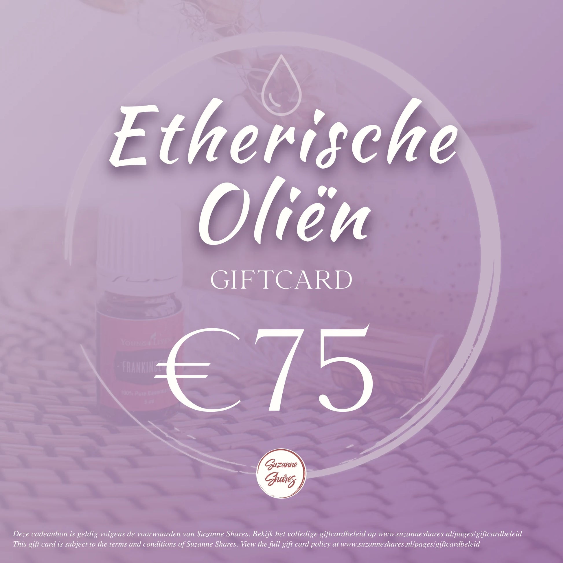 Digitale giftcard van €75 voor etherische oliën – te gebruiken voor Young Living producten, aromatherapie en wellness via Suzanne Shares.