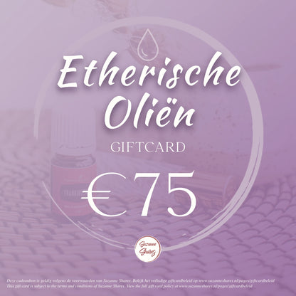 Digitale giftcard van €75 voor etherische oliën – te gebruiken voor Young Living producten, aromatherapie en wellness via Suzanne Shares.