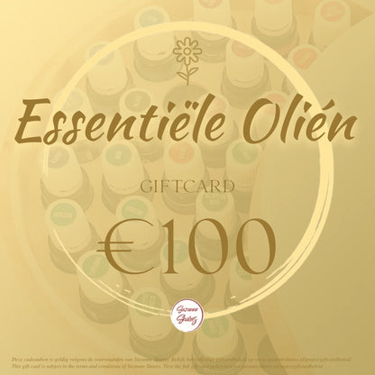 Digitale giftcard van €100 voor essentiële oliën – perfect cadeau voor wie ontspanning, aromatherapie of natuurlijke ondersteuning zoekt via Suzanne Shares.