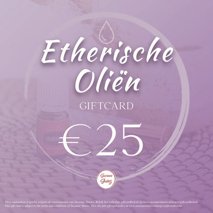 Digitale cadeaubon van €25 voor etherische oliën – ideaal instapcadeau voor ontspanning, self-care of kennismaking met aromatherapie.