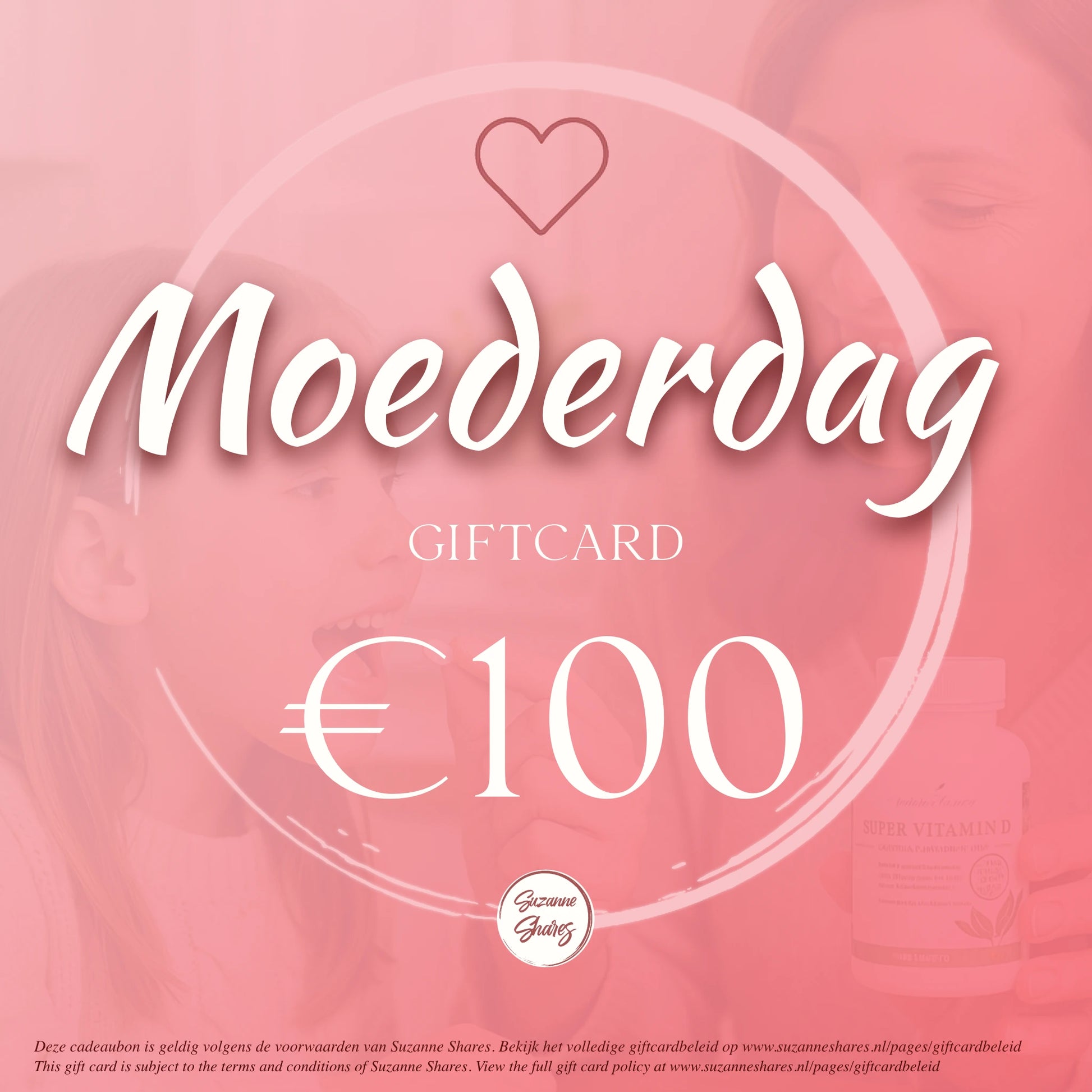 Digitale cadeaubon van €100 voor Moederdag – een ontspannen en natuurlijk cadeau met wellnessproducten, coaching en essentiële oliën van Suzanne Shares.