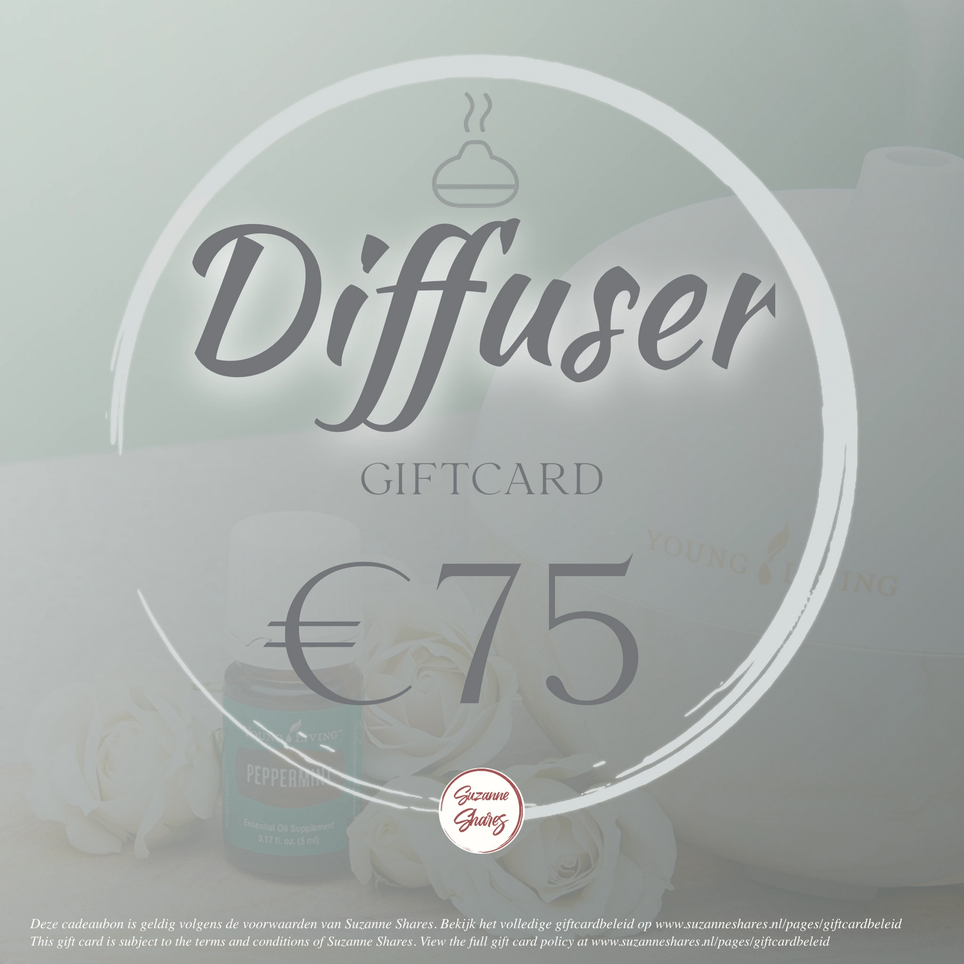 €75 diffuser giftcard – te gebruiken voor het aanschaffen van een stijlvolle, krachtige Young Living diffuser via Suzanne Shares.