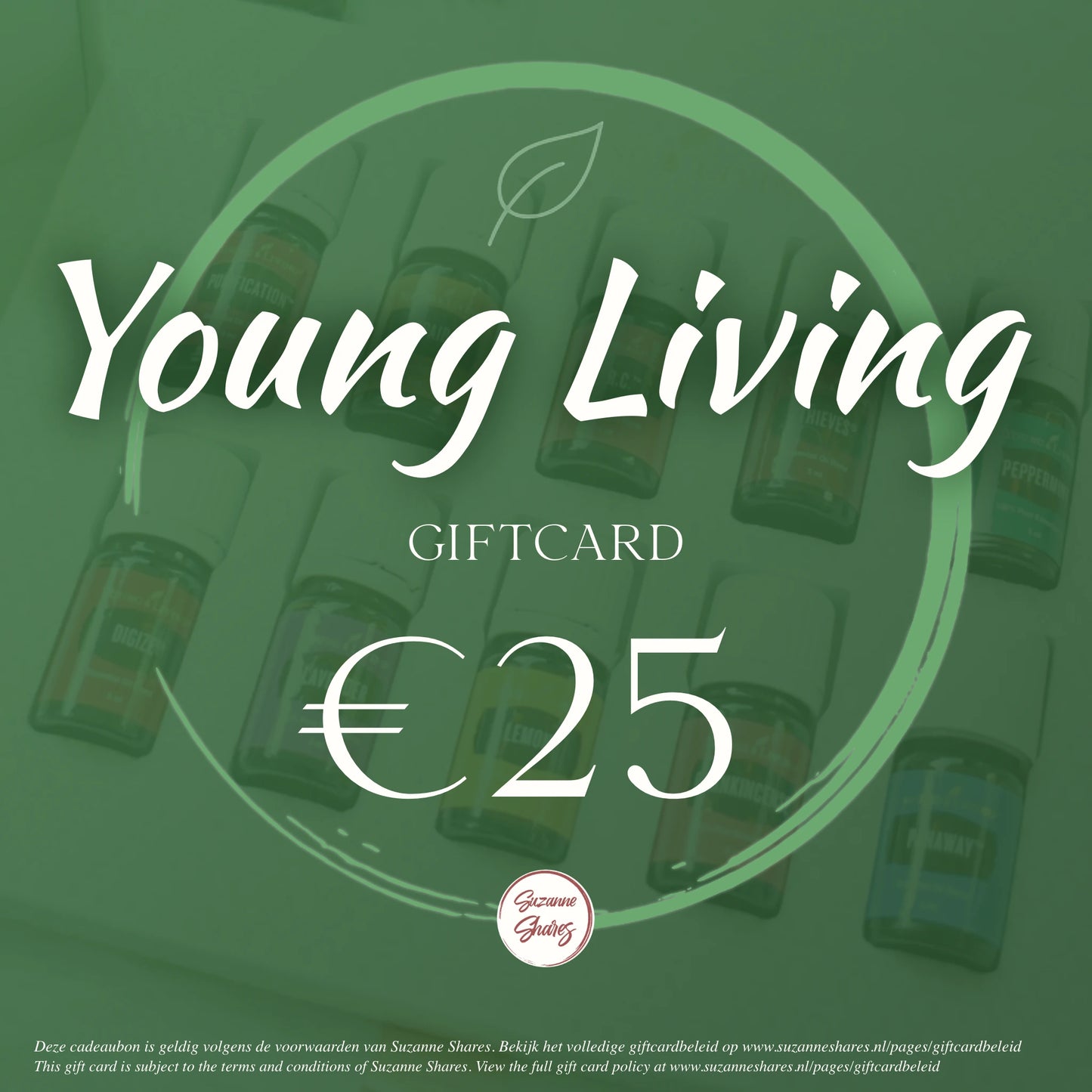 Digitale Young Living giftcard van €25 – ideaal cadeau om essentiële oliën of wellnessproducten te kiezen via de webshop van Suzanne Shares.