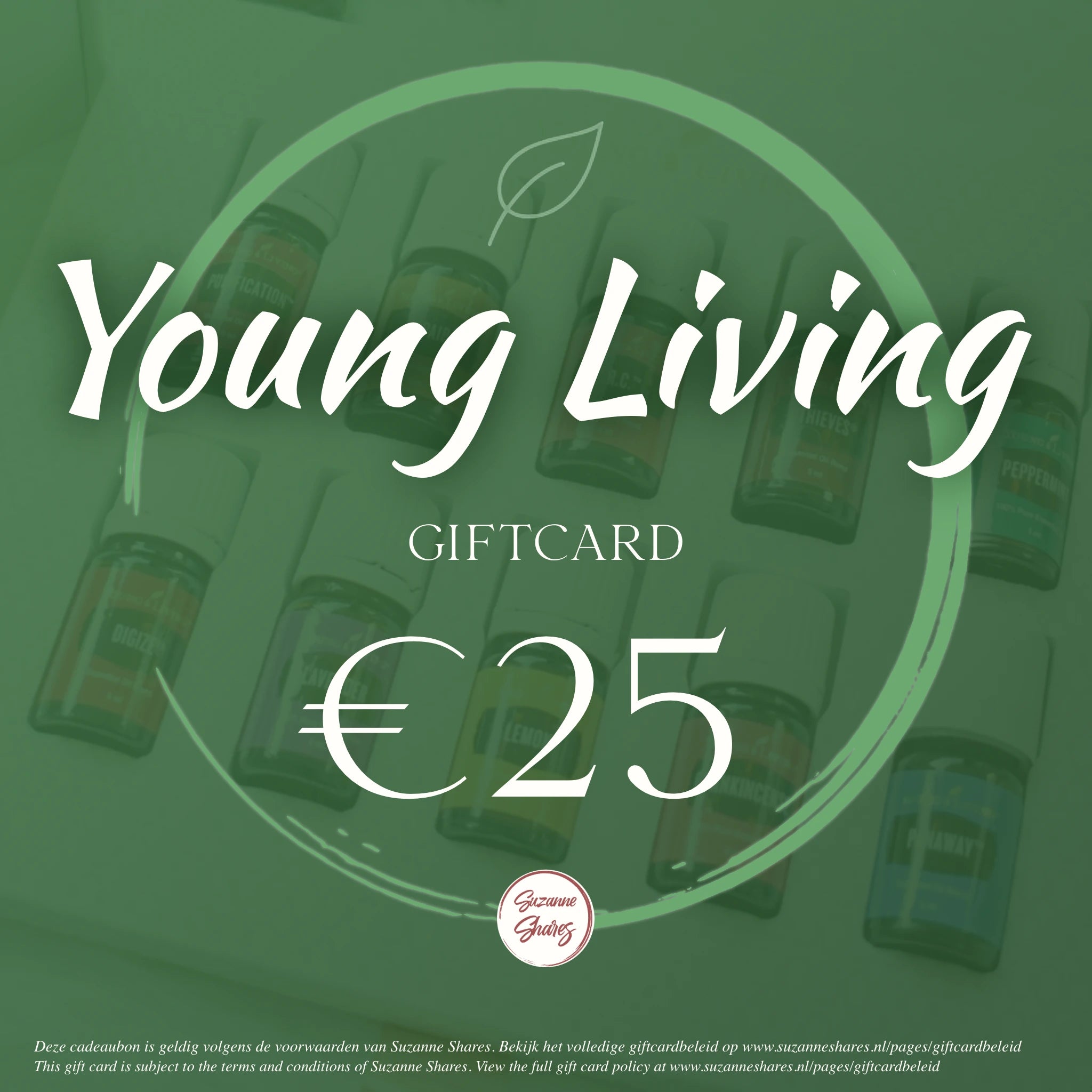Digitale Young Living giftcard van €25 – ideaal cadeau om essentiële oliën of wellnessproducten te kiezen via de webshop van Suzanne Shares.