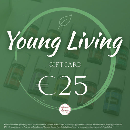 Digitale Young Living giftcard van €25 – ideaal cadeau om essentiële oliën of wellnessproducten te kiezen via de webshop van Suzanne Shares.