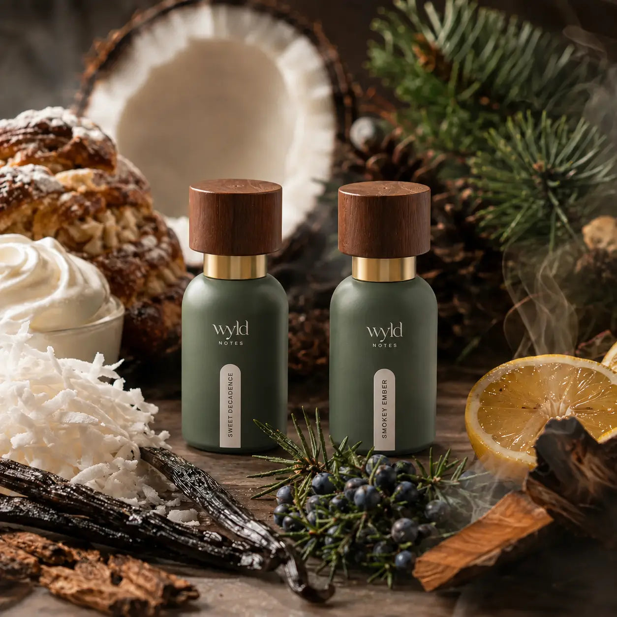 Sweet Decadence en Smokey Ember als warm Wyld Notes layering duo met vanille en houtachtige noten.