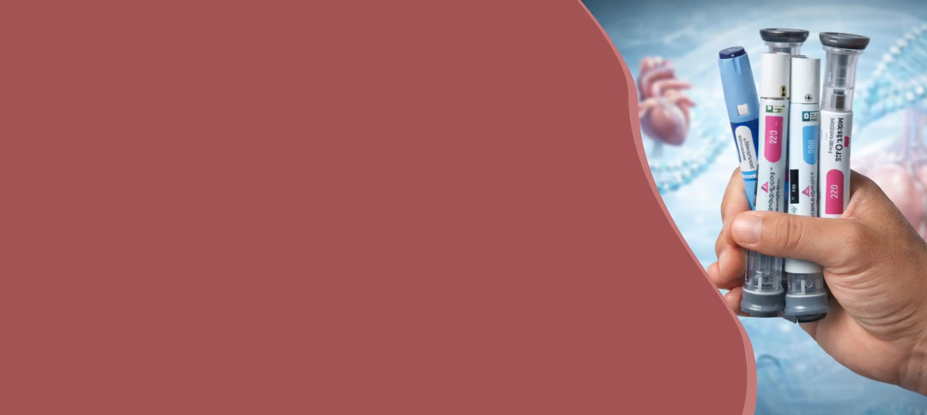 Hero banner bij blog over GLP-1 met injectiepennen in hand, als illustratie van GLP-1 medicatie, werking en afvallen