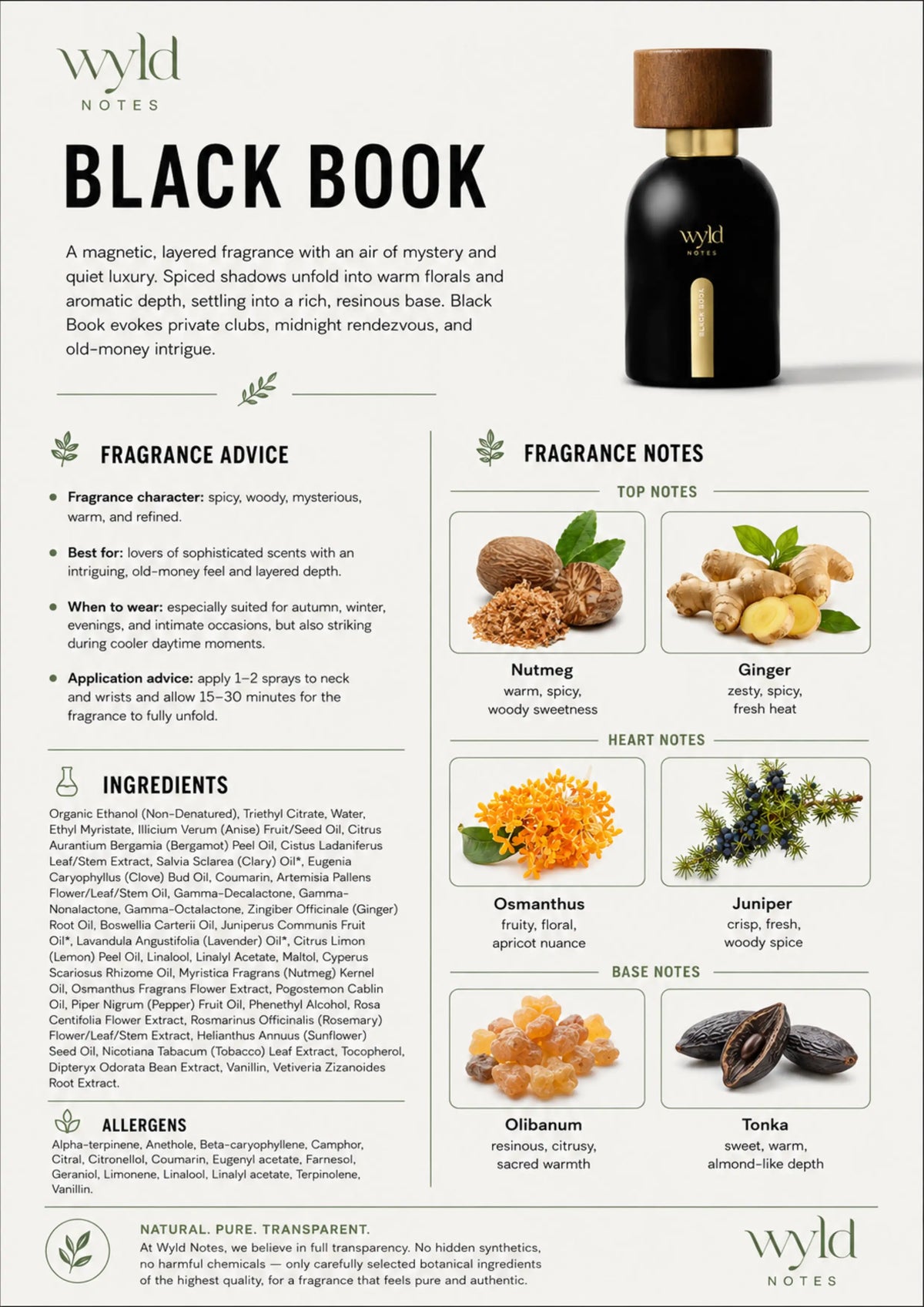 Wyld Notes Black Book fragrance guide featuring the black perfume bottle, nutmeg, ginger, osmanthus, juniper, olibanum, tonka, ingredients, and allergens.
