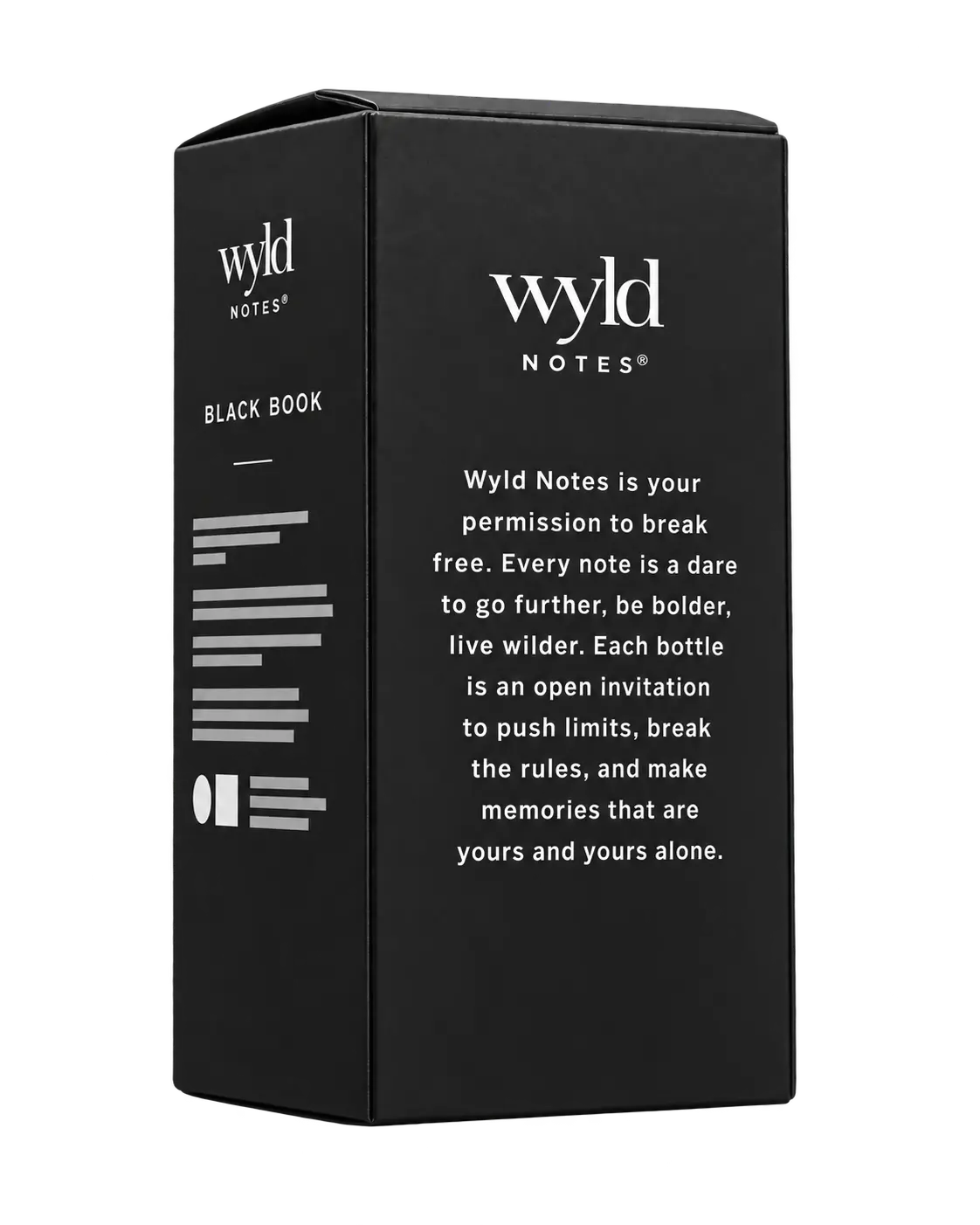 Wyld Notes Black Book verpakking in matte zwarte doos, schuin van opzij en achterkant weergegeven