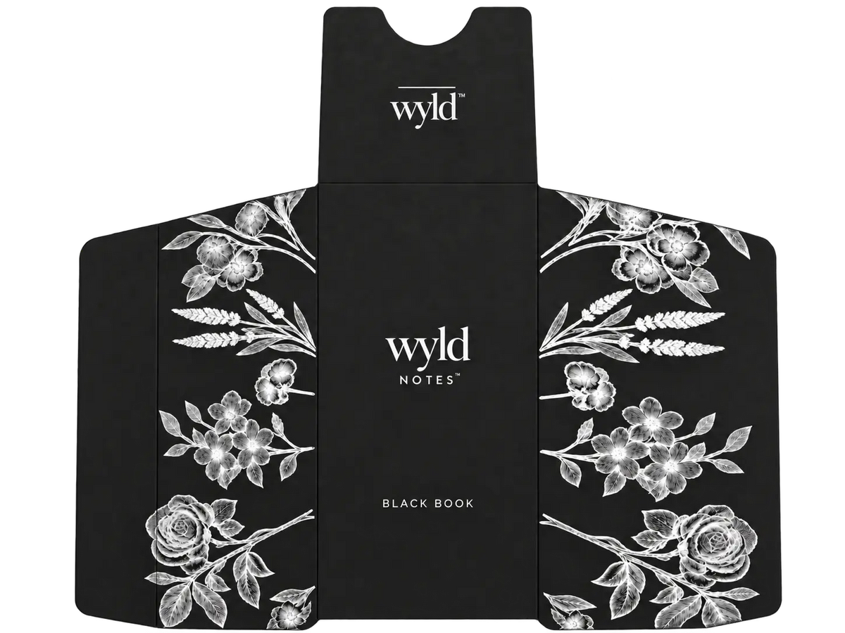 Zwarte Wyld Notes parfumverpakking voor Black Book met witte botanische illustraties en het Wyld Notes-logo.
