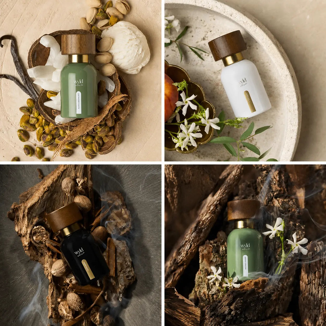 Collectie Wyld Notes clean fragrances met Sweet Decadence, White Lie, Black Book en Smokey Ember, gestyled met botanische ingrediënten.