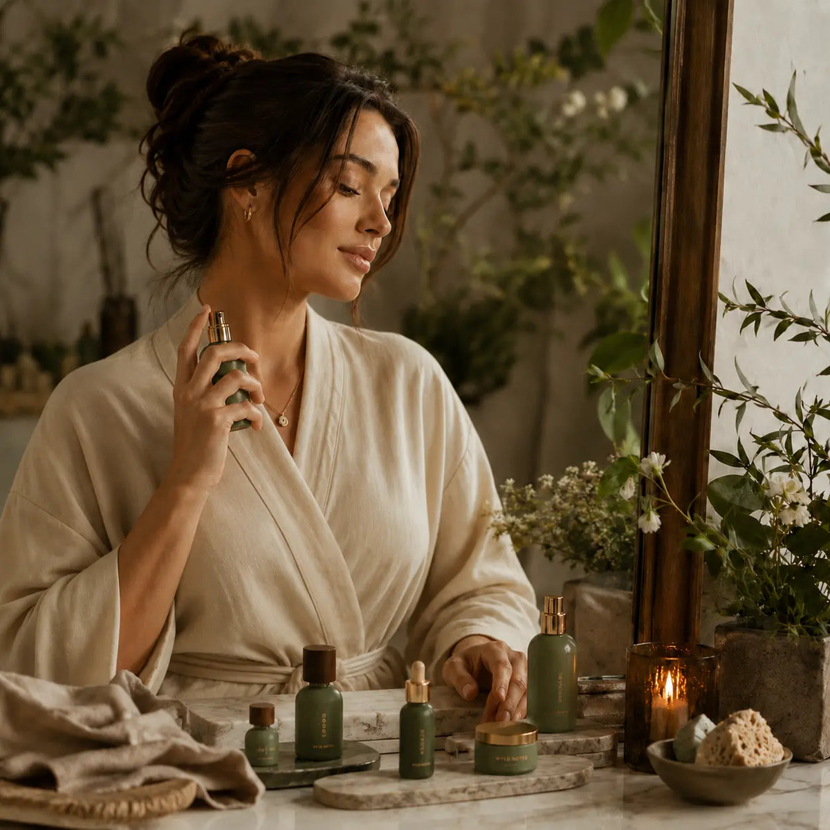 Vrouw kiest bewust voor Wyld Notes parfum binnen een luxe self-care routine met natuurlijke huidverzorging.