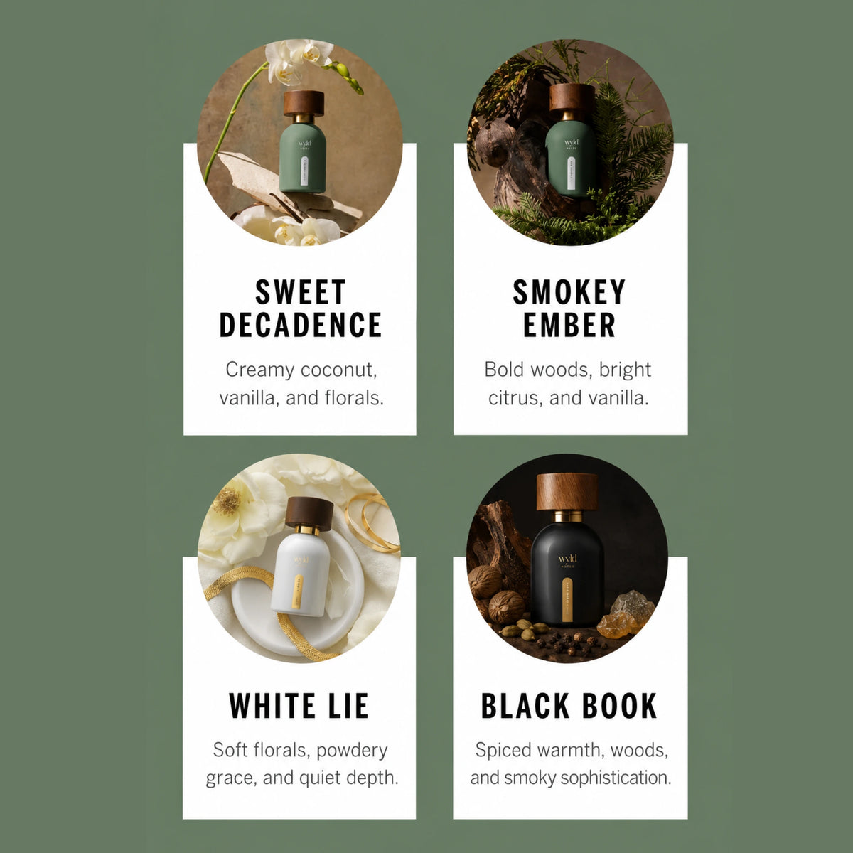 Overzicht van de Wyld Notes-geuren Sweet Decadence, Smokey Ember, White Lie en Black Book.