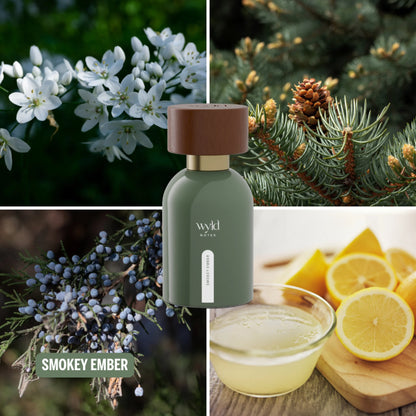 Collage van Wyld Notes Smokey Ember met witte bloemen, naaldboomtakken, jeneverbes en citroen als visuele geurassociaties.