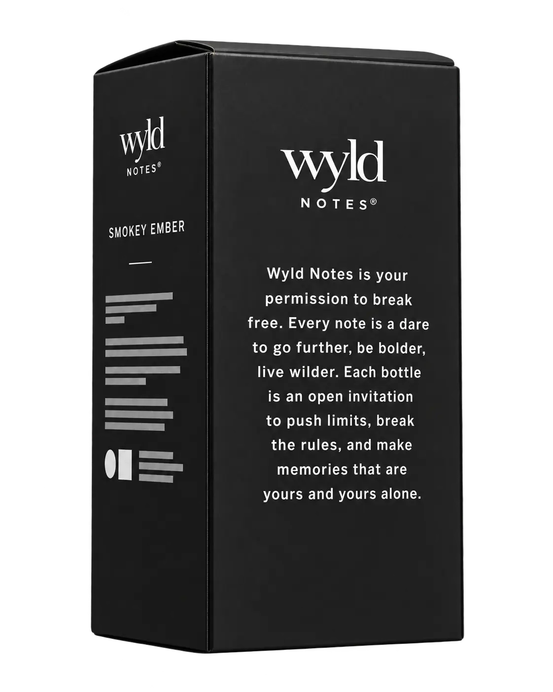 Wyld Notes Smokey Ember verpakking in matte zwarte doos, schuin van opzij en achterkant weergegeven