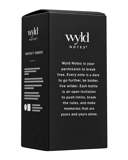 Wyld Notes Smokey Ember verpakking in matte zwarte doos, schuin van opzij en achterkant weergegeven