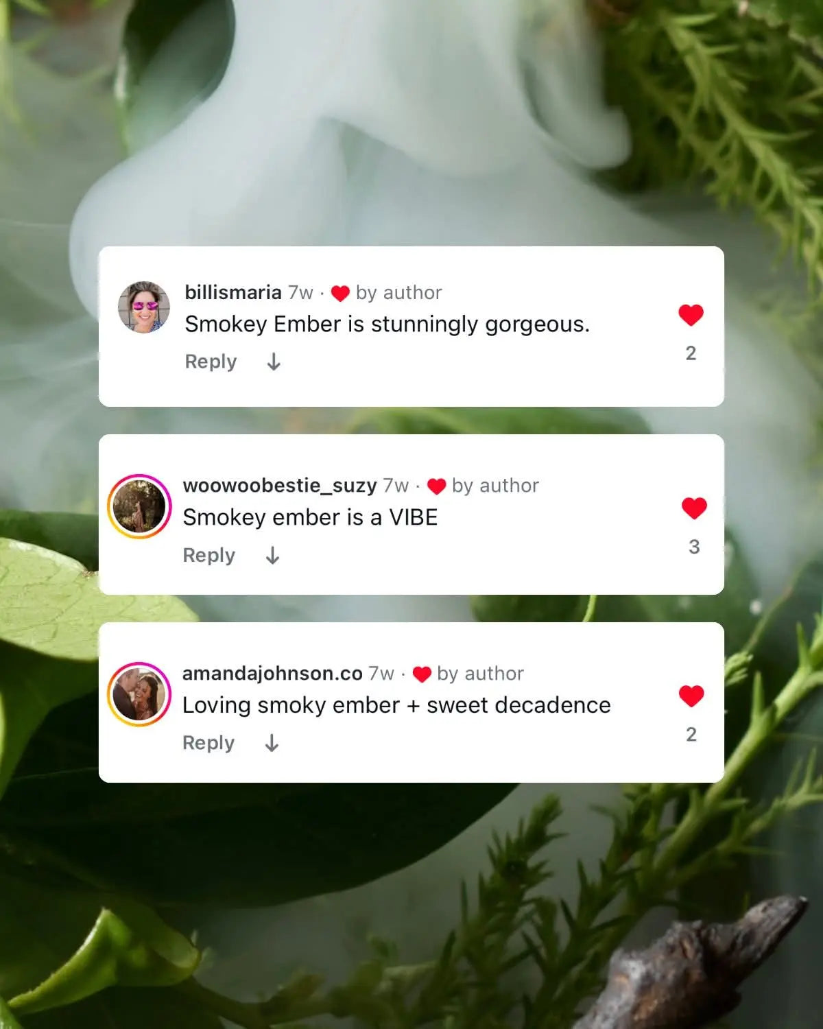 Social media reacties over Wyld Notes Smokey Ember en Sweet Decadence op een botanische parfumachtergrond.