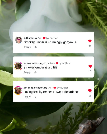 Social media reacties over Wyld Notes Smokey Ember en Sweet Decadence op een botanische parfumachtergrond.