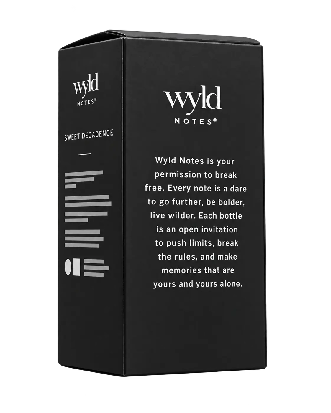 Wyld Notes Sweet Decadence verpakking in matte zwarte doos, schuin van opzij en achterkant weergegeven