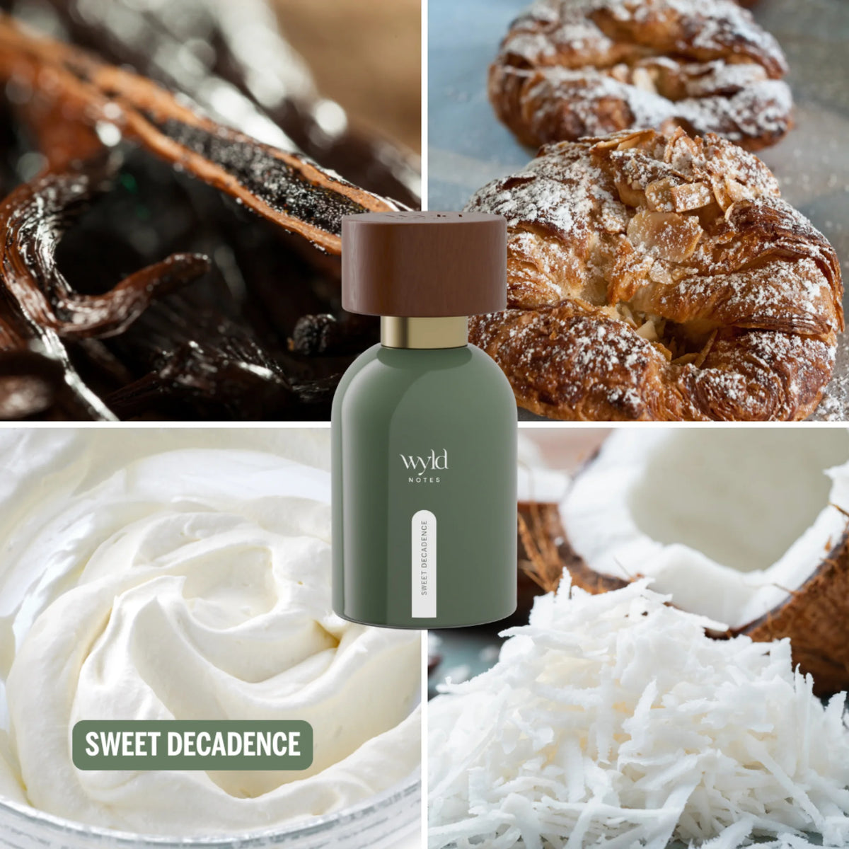 Collage van Wyld Notes Sweet Decadence met vanillepeulen, amandelgebak, slagroom en kokos als romige gourmand geurassociaties.