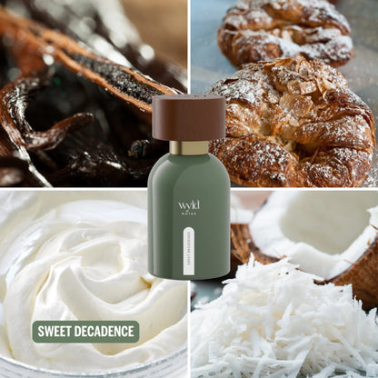 Collage van Wyld Notes Sweet Decadence met vanillepeulen, amandelgebak, slagroom en kokos als romige gourmand geurassociaties.