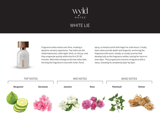 Geurnoten van Wyld Notes White Lie met bergamot, geranium, jasmijn, roos, patchouli en vetiver.