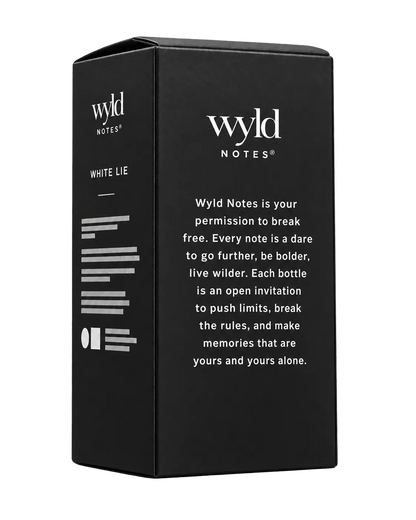 Wyld Notes White Lie verpakking in matte zwarte doos, schuin van opzij en achterkant weergegeven