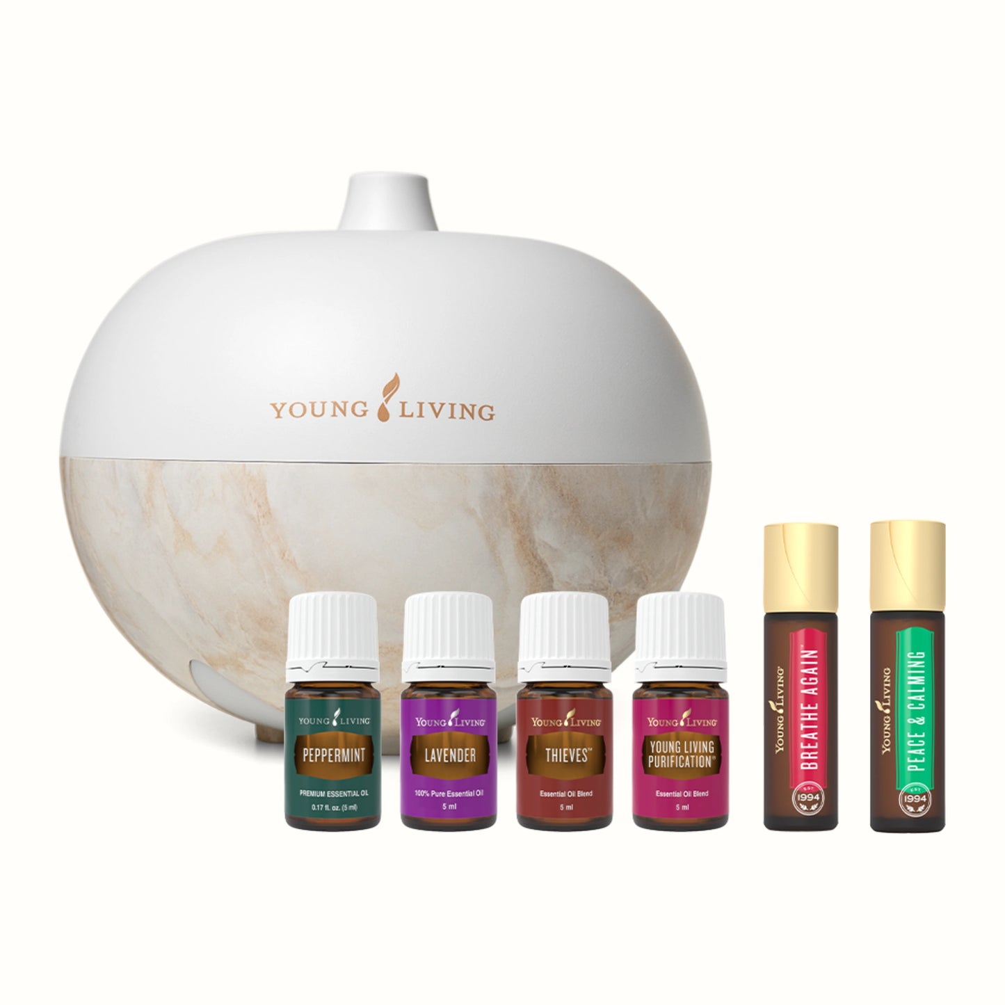 De Young Living Mini Bundle met AromaGlobe diffuser, essentiële oliën en roll-ons – een voordelige natuurlijke set voor verlichting bij hoofdpijn en verstopte holtes, ideaal voor thuisgebruik en ontspanning.